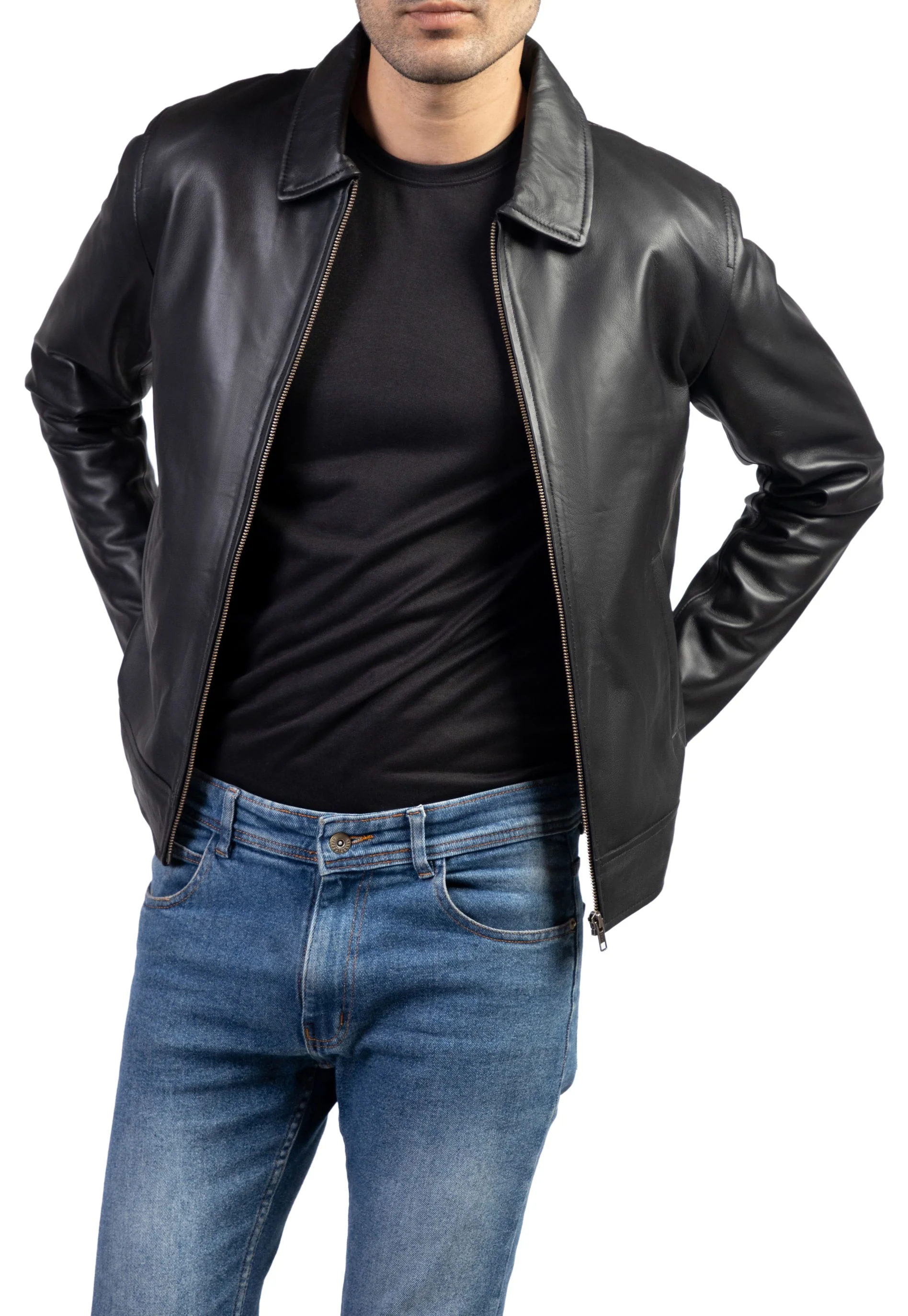 Men's Black Harrington Collar Shirt Premium Leather Jacket